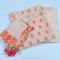 Peach Muslin Embroidered Suit With Shantoon Bottom And Chiffon Mukaish Dupatta