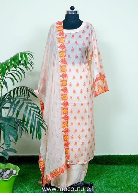 Peach Muslin Embroidered Suit With Shantoon Bottom And Chiffon Mukaish Dupatta