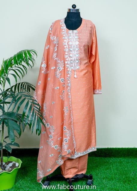 Gajree Chanderi Embroidered Suit With Cotton Bottom And Chanderi Embroidered Dupatta