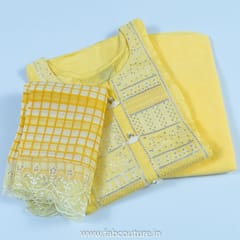 Yellow Muslin Emnroidered Suit With Cotton Bottom And Muslin Scallop Dupatta