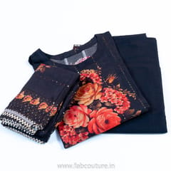 Black Muslin Embroidered Suit With Cotton Bottom And Muslin Dupatta