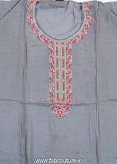 Grey Muslin Embroidered Suit With Shantoon Bottom And Muslin Dupatta