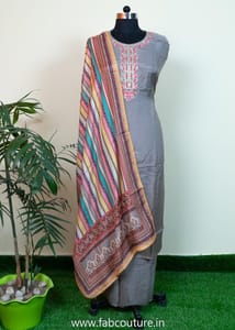 Grey Muslin Embroidered Suit With Shantoon Bottom And Muslin Dupatta