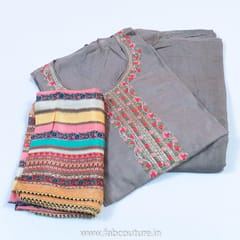 Grey Muslin Embroidered Suit With Shantoon Bottom And Muslin Dupatta