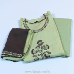 Green Cotton Flex Embroidered Suit With Cotton Bottom And Chiffon Dupatta