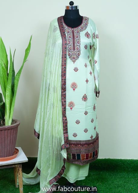 Mint Green Color Satin Printed Suit With Cotton Bottom And Printed Chiffon Dupatta