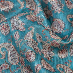 Firozi Color Chanderi Zari Digital Printed Fabric