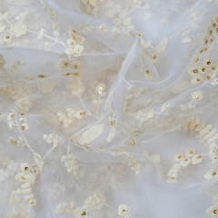 White Dyeable Organza Thread Sequins Embroidered Fabric