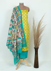 Lemon Color Cotton Print Shirt With Cotton Bottom And Cotton Dupatta