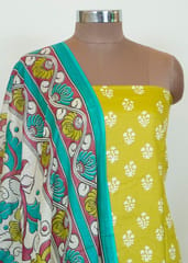 Lemon Color Cotton Print Shirt With Cotton Bottom And Cotton Dupatta