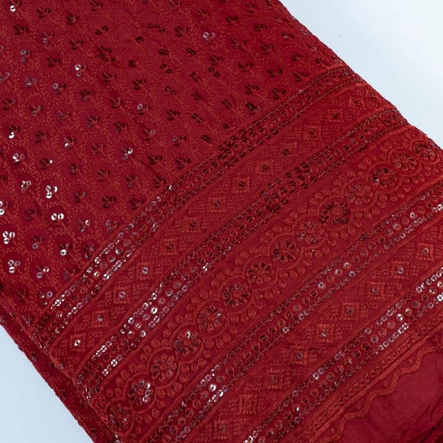 Maroon Color Rayon Chikan Embroidered Fabric