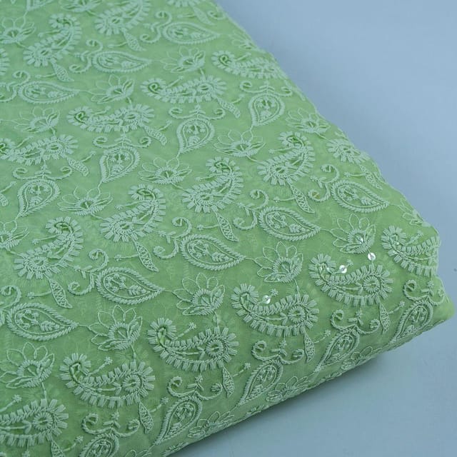 Pista Green Color Gerogette Chikan Embroidered Fabric With Sequence