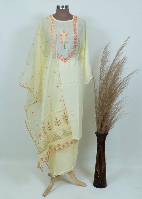 Lemon Embroidered Muslin Shirt and Organza Dupatta with Shantoon lower