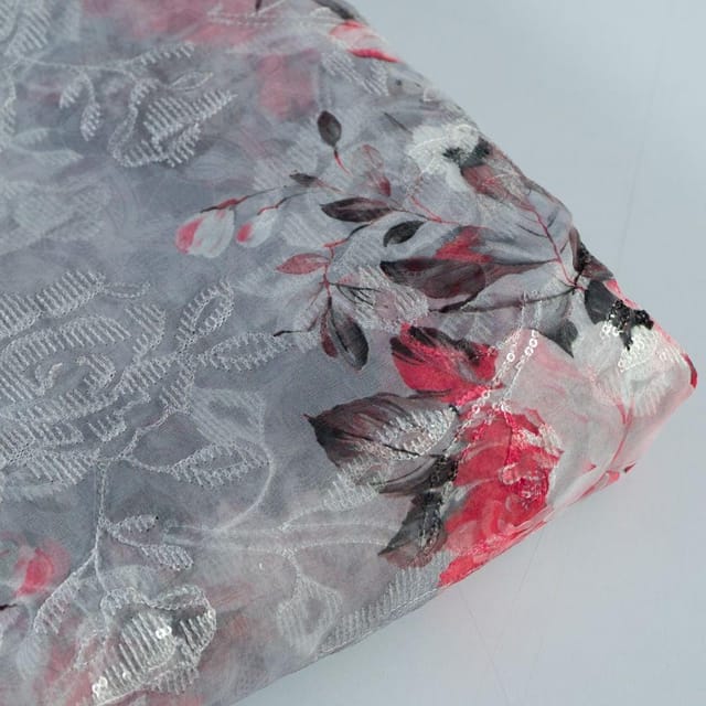 Grey Color Poly Organza Embroidery Digital Print fabric(1.30Meter Piece)