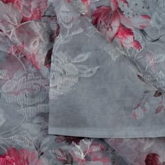 Grey Color Poly Organza Embroidery Digital Print fabric(1.30Meter Piece)