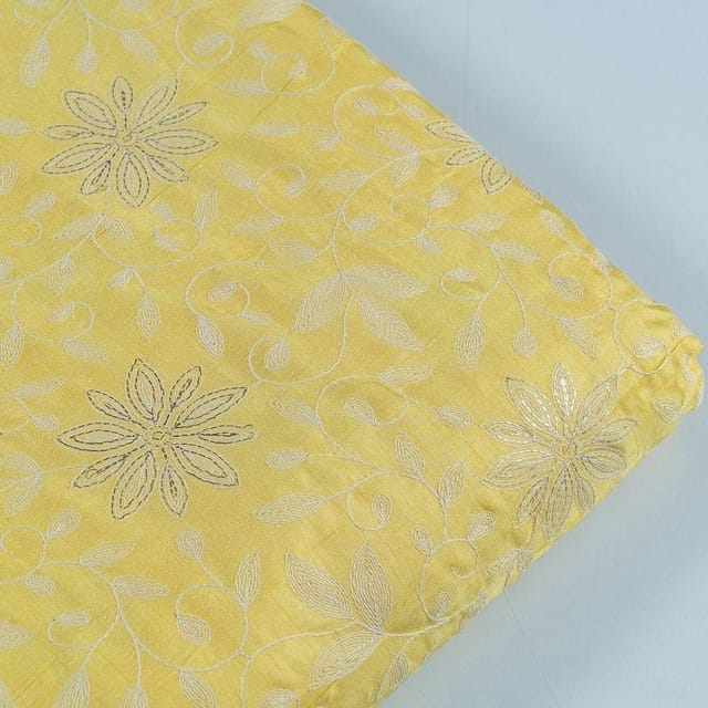 Yellow Color Dola Silk Embroidered Fabric