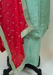 Sea Green Color Dola Silk Shirt With Shantoon Lower And Red Color Chinon Dupatta