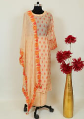 Fawn Color Muslin Printed Shirt With Shantoon Bottom And Printed Chiffon DUpatta