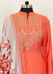 Carrot Color Muslin Embroidered Shirt With Cotton Lower And Muslin Printed Dupatta