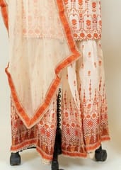 Cream Color Muslin Printed Sharara Suit Set With Chiffon Dupatta