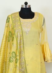 Lemon Color Embroidered Chanderi Shirt Printed Sharara Suit Set With Printed Chanderi Dupatta