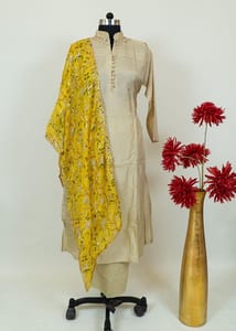 Fawn Color Monga Silk Embroidered Shirt With Shantoon Lower And Yellow Chinon Printed Embroidered Dupatta