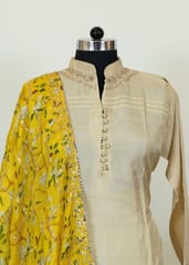 Fawn Color Monga Silk Embroidered Shirt With Shantoon Lower And Yellow Chinon Printed Embroidered Dupatta