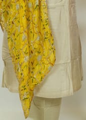 Fawn Color Monga Silk Embroidered Shirt With Shantoon Lower And Yellow Chinon Printed Embroidered Dupatta