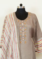 Dark Grey Color Monga Silk Embroidered Shirt With Shantoon Lower And Tabby Strips Dupatta