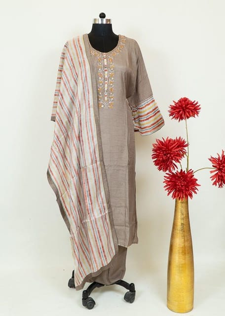 Dark Grey Color Monga Silk Embroidered Shirt With Shantoon Lower And Tabby Strips Dupatta