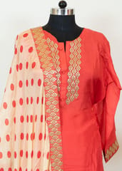 Carrot Color Dola Silk Embroidered Shirt With Shantoon Lower and Cream Color Tabby Print Dupatta With Embroidered Border