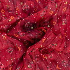 Red Color Embroiderd Georgette Pleated Printed Fabric with Green Border