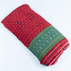 Red Color Embroiderd Georgette Pleated Printed Fabric with Green Border