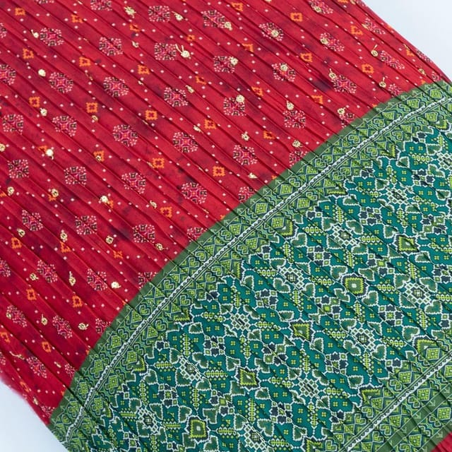 Red Color Embroiderd Georgette Pleated Printed Fabric with Green Border