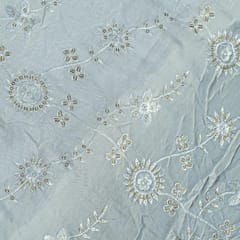 White Color Dyeable Muslin With Thread and Sequin Embroidered Fabric