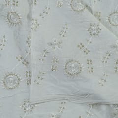 White Color Dyeable Muslin With Thread and Sequin Embroidered Fabric