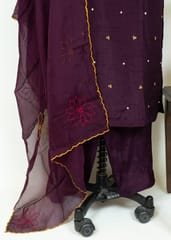 Wine Color Dola Silk Embroidered Shirt with Dola Silk Pant and Viscose Organza Embroidered Dupatta