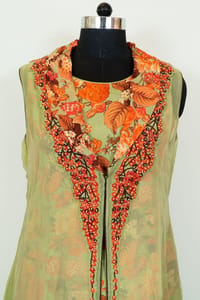 Green Color Viscose Organza Embroidered Jacket with Green Chinon Chiffon Printed Top with Rayon Palazzo