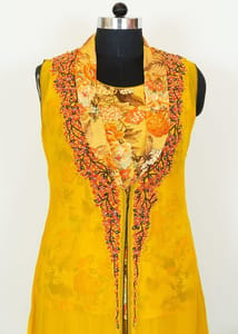 Yellow Color Viscose Organza Embroidered Jacket with Yellow Chinon Chiffon Printed Top with Rayon Palazzo