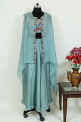 Sage Green Color Viscose Organza Jacket with Dola Silk Embroidered Blouse and Dola Silk Skirt