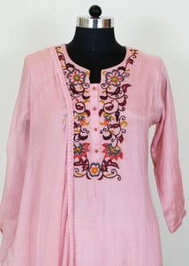 Pink Color Muslin Embroidered Shirt With Muslin Embroidered Bottom And Chiffon Dupatta