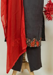 Grey Color Muslin Embroidered Shirt With Rayon Pant And Color Chiffon Dupatta