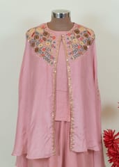 Pink Color Muslin Embroidered Top with Dola Silk Plazzo