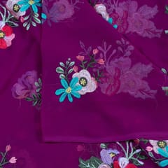 Wine Color Georgette Thread Embroidered Fabric