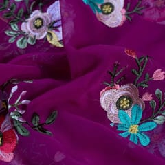 Wine Color Georgette Thread Embroidered Fabric