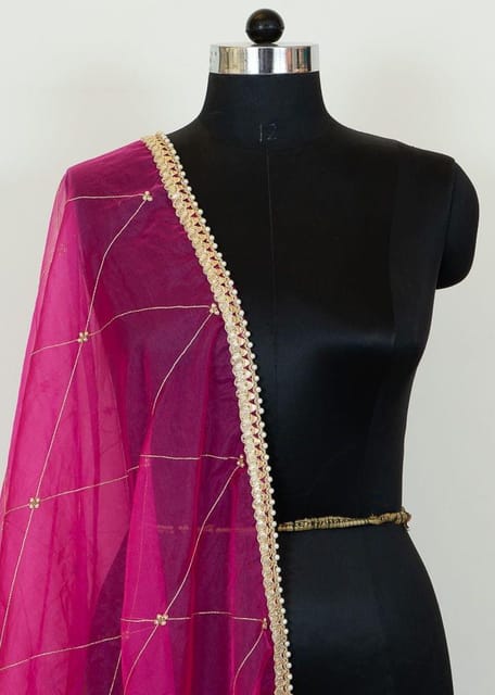 Majenta Color Organza Hand Embroidered Dupatta