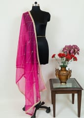 Majenta Color Organza Hand Embroidered Dupatta