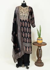 Black Color Dola Silk Printed and Embroidered Shirt with Dola Silk Pant and Dola Silk Dupatta