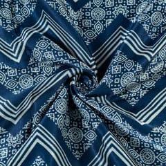 Blue Color Mashru Silk Ajrakh Printed Fabric