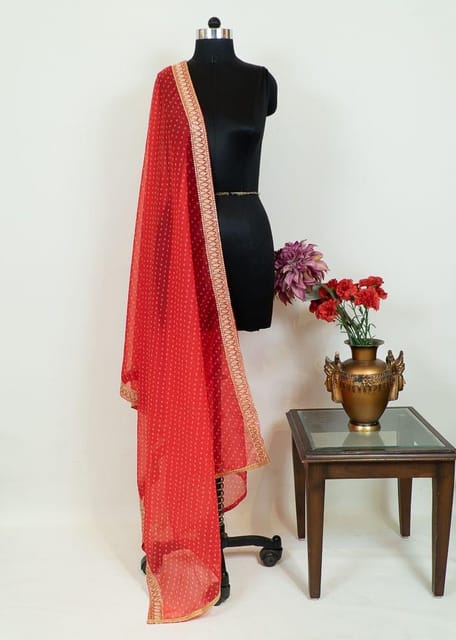 Red color Organza Bandhej Embroidered Dupatta